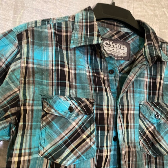 CHOR Men’s madras plaid cotton short sleeve button down shirt GUC SZ M - Picture 4 of 5